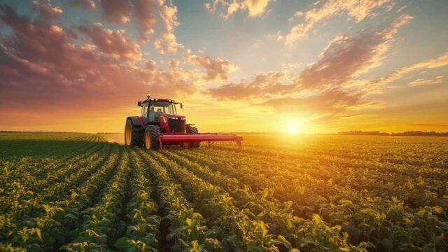 Traktor auf einem bepflanzten Acker bei Sonnenuntergang – ruhige Szene mit Fokus auf Landtechnik und Naturverbundenheit. Wir liefern die CNC Anlagen für Land- und Baumaschinenbau, für zuverlässige Maschinen.