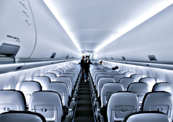 Aircraft cabins with precisely manufactured seats, folding tables, light covers, and modern lavatories are produced using CNC milling machines from HG GRIMME SysTech. Perfect solutions for aluminum, CFRP, and composite materials in aircraft construction.