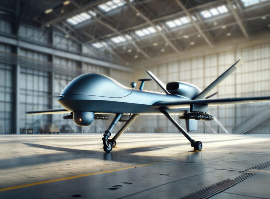 Hightech-Aufklärungsdrohne im Hangar – Beispiel für CNC-gefertigte UAV-Komponenten in der Verteidigungs- und Sicherheitsindustrie.